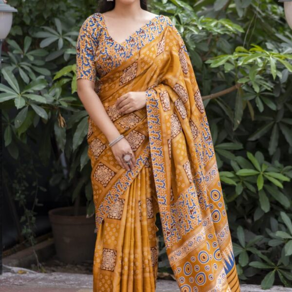soft silk saree with ajrakh style