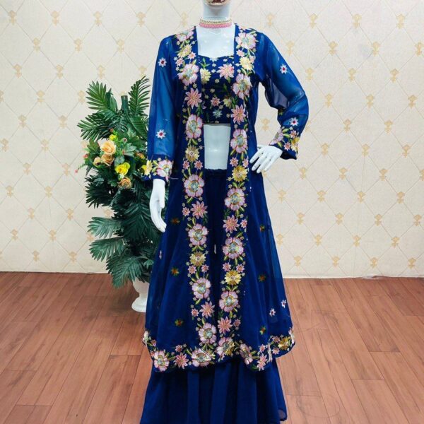 Gown with embroidery and printing dupatta