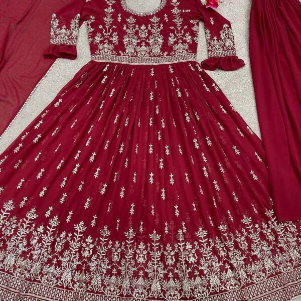 Faux georgette embroidery work with diamond hand work red