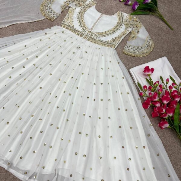 white designer party wear look heavy embroidery sequence work gown