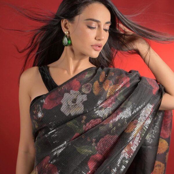 Digital print with embroidery sequence work saree