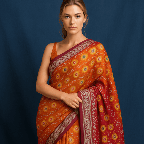 Elegant Banarasi Handloom Pure Georgette Minakari Boota Rai Bandhani Red Orange Saree 6.50 meters