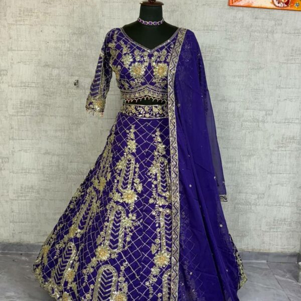 Full-length shot of a Premium Tubby Silk Lehenga with sequins coding work and a 4-meter flare.